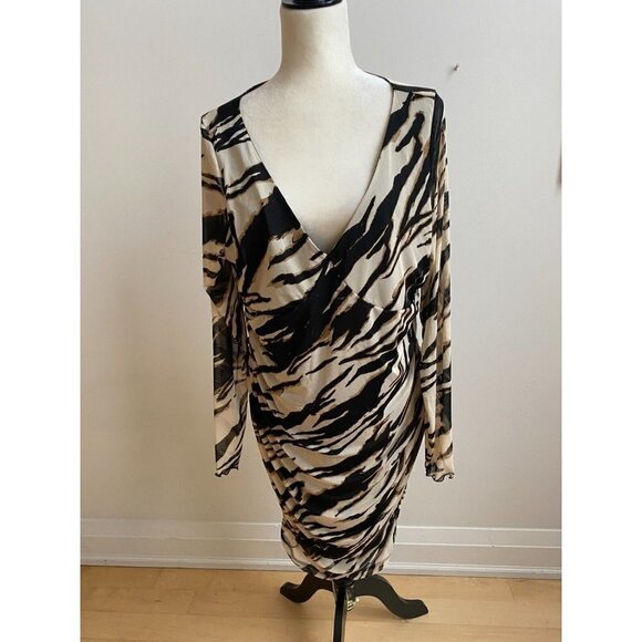 𝅺BP Women Ruched Animal Print Dress Bnwot Mesh Long Sleeve Vneck - Picture 2 of 6